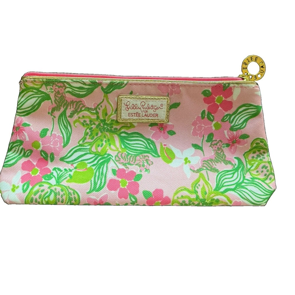 Lilly Pulitzer CEstee Lauder Pink Floral Makeup Bag Cosmetic Pouch Gold Trim